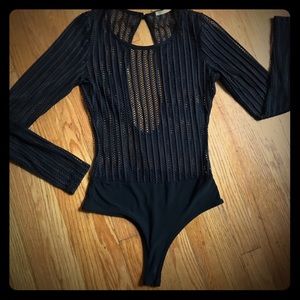 Entry black macrame  long sleeve unitard